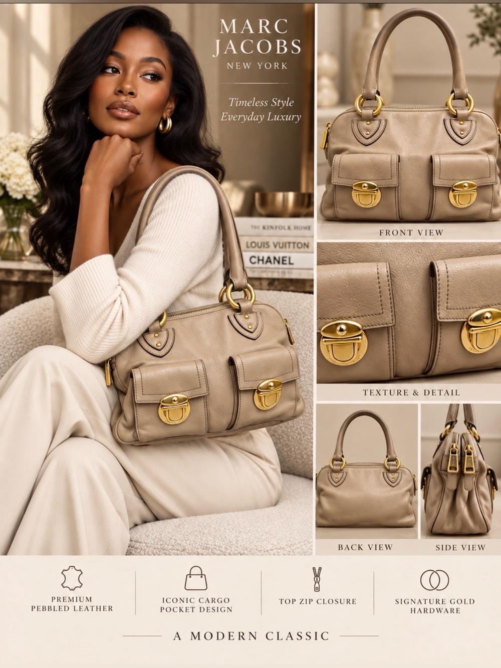 Marc Jacobs Taupe Blake Leather Shoulder Bag with Gold Hardware